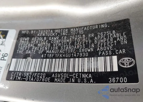 2016 Toyota Camry Le z USA, uszkodzony, nr VIN 4T1BF1FK4GU147930